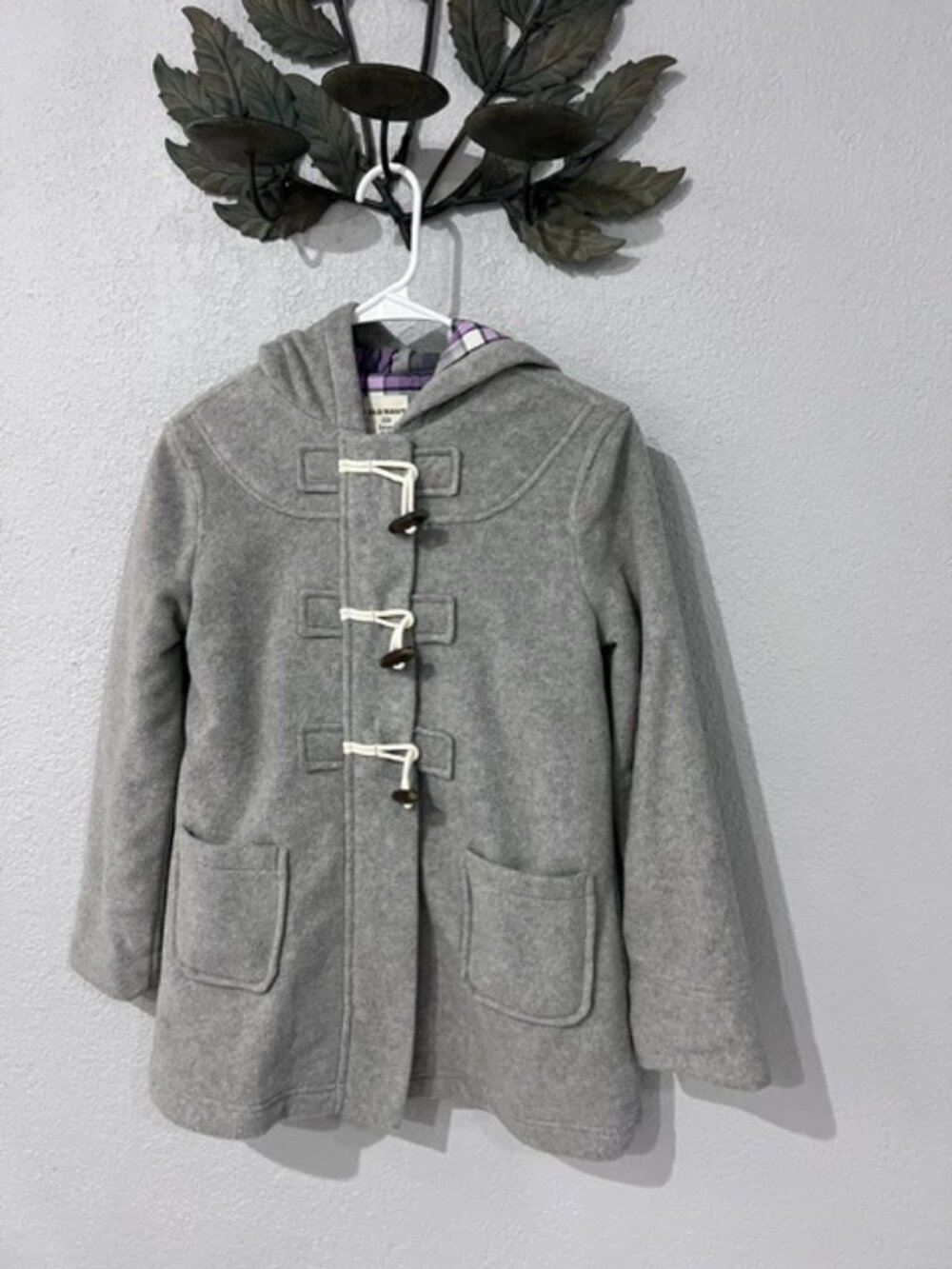Old Navy Girls Gray Hooded Duffle Coat Toggle Button Plaid Lined Size L 10-12